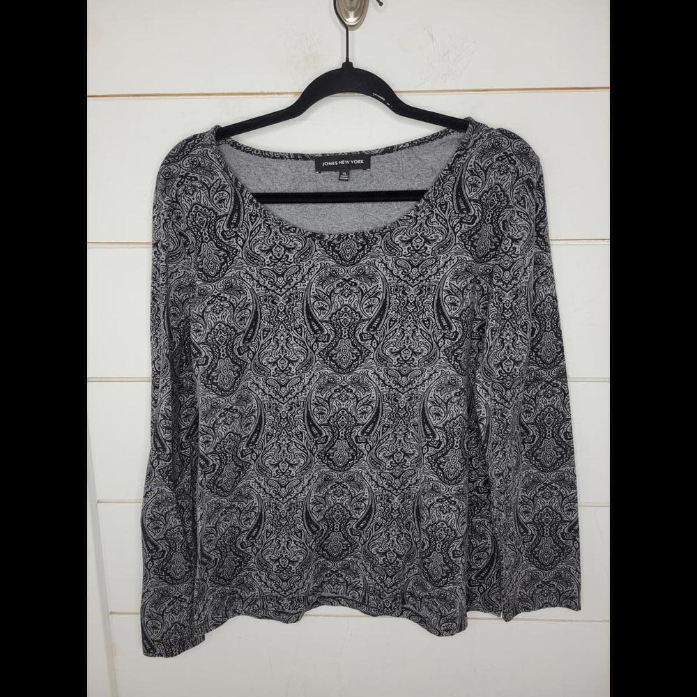 Jones New York XL grey & black paisley long sleeve tee shirt